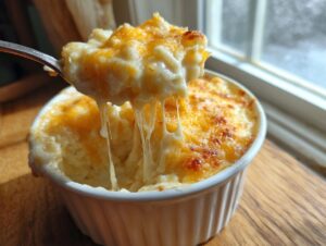 A spoonful of creamy crockpot cheesy potatoes showing a dramatic cheese pull over a white ramekin.