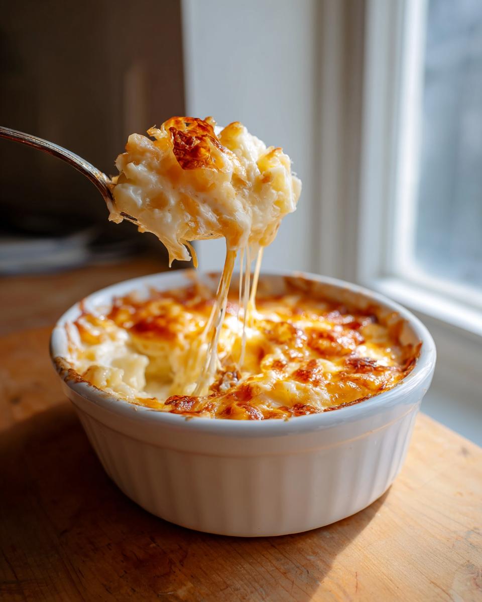 A spoonful of creamy crockpot cheesy potatoes showing a dramatic cheese pull over a white ramekin.