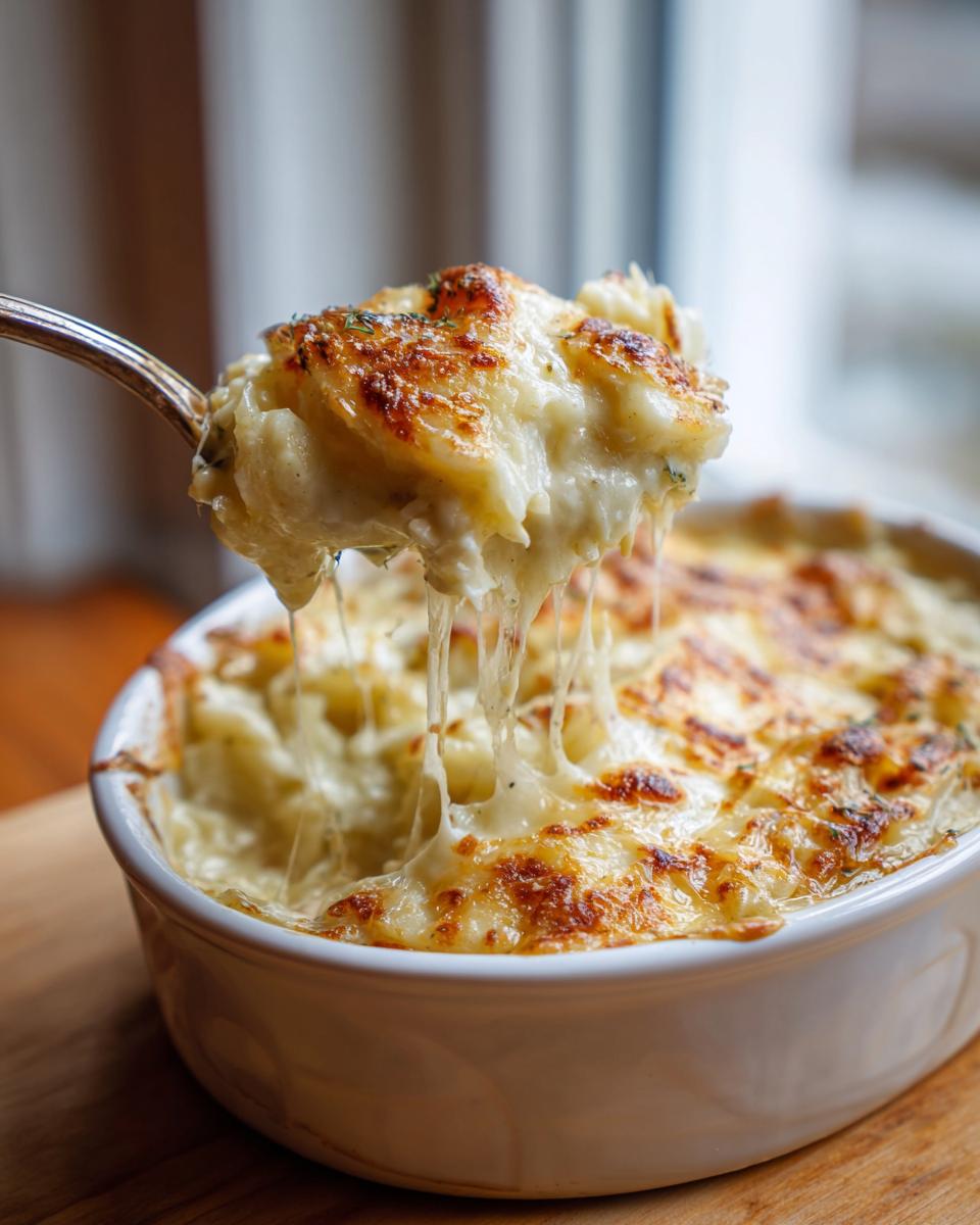 A spoonful of creamy crockpot cheesy potatoes showing extreme cheese pull over the baking dish.