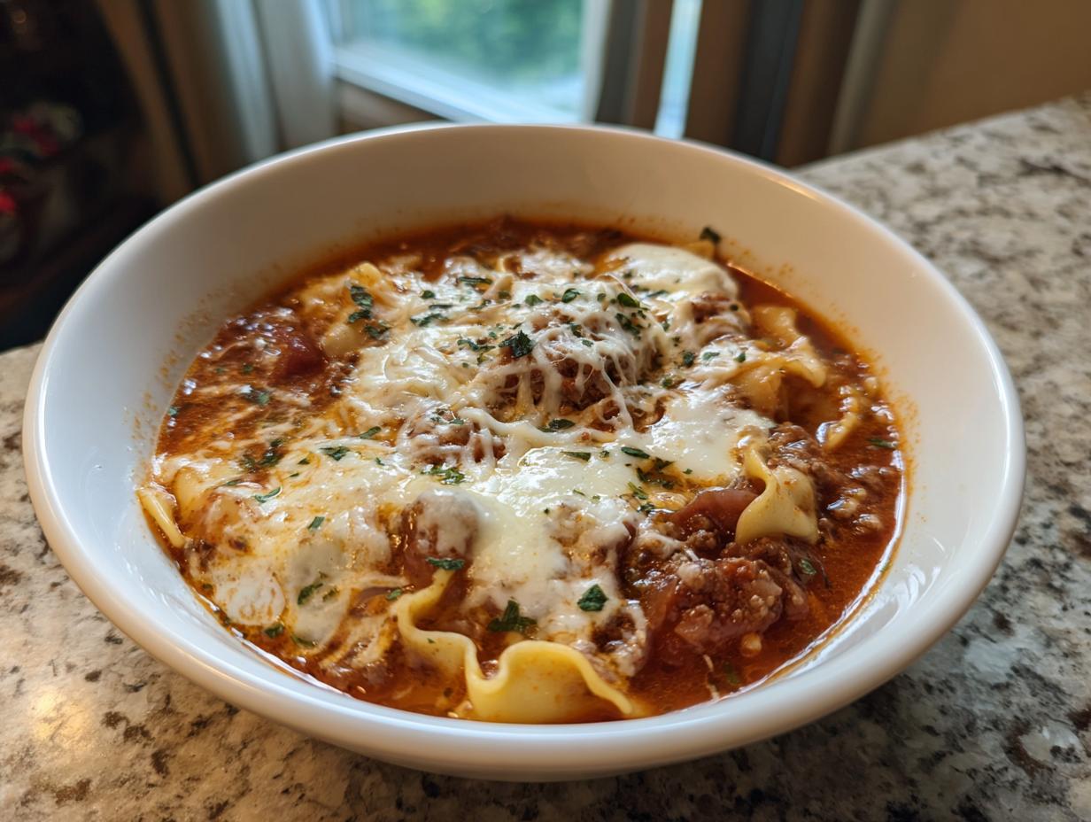 A close-up of a white bowl filled with rich crockpot lasagna soup, topped with melted mozzarella and parsley.