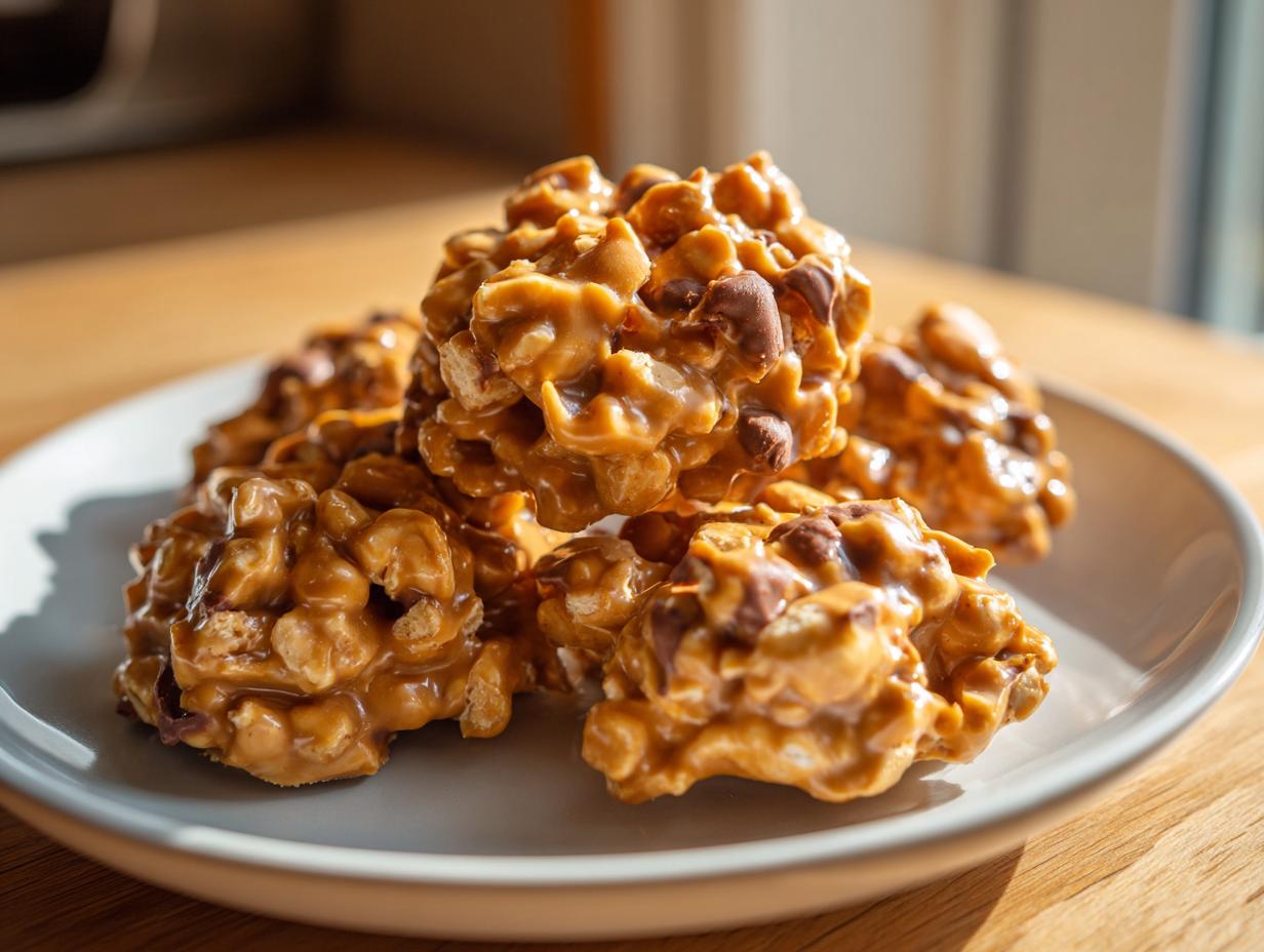 A close-up of several gooey, peanut-filled crockpot peanut clusters piled on a light gray plate.