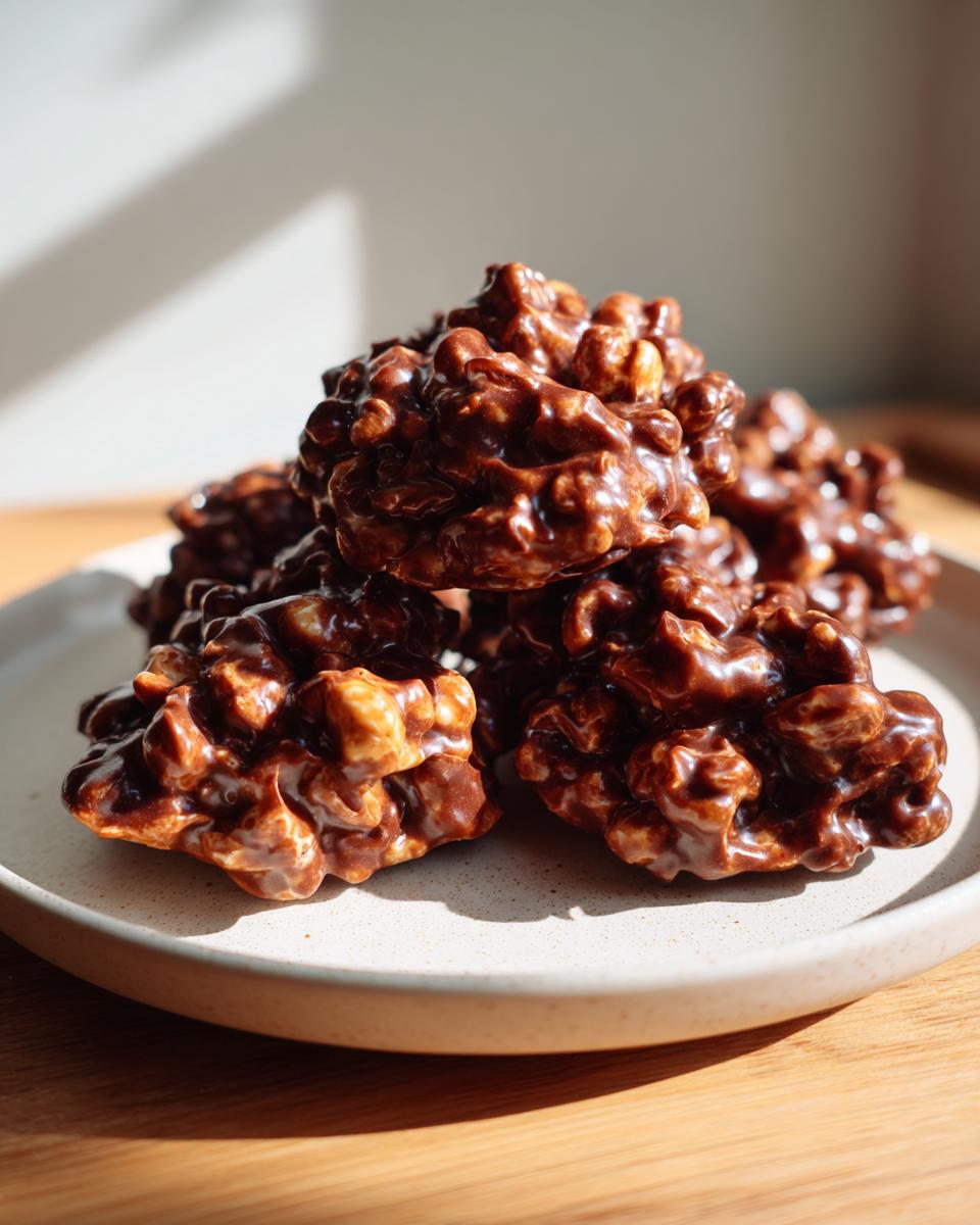A stack of glossy, rich chocolate crockpot peanut clusters resting on a light ceramic plate.