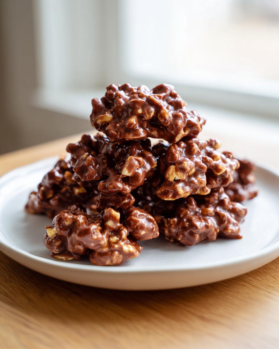 A stack of glossy, chocolate-coated crockpot peanut clusters piled high on a small white plate.