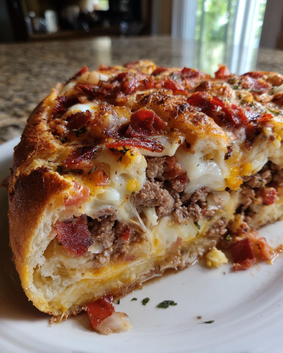 A thick, cheesy cross-section slice of homemade garbage bread showing layers of meat and melted cheese.