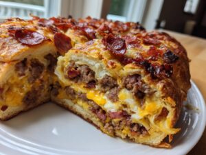 A cross-section slice reveals the layers of meat and melted cheese inside the baked garbage bread ring.