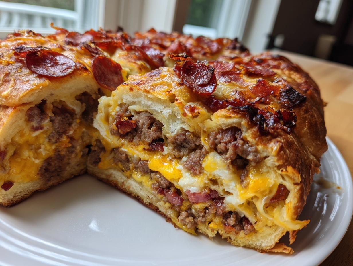 A cross-section slice reveals the layers of meat and melted cheese inside the baked garbage bread ring.