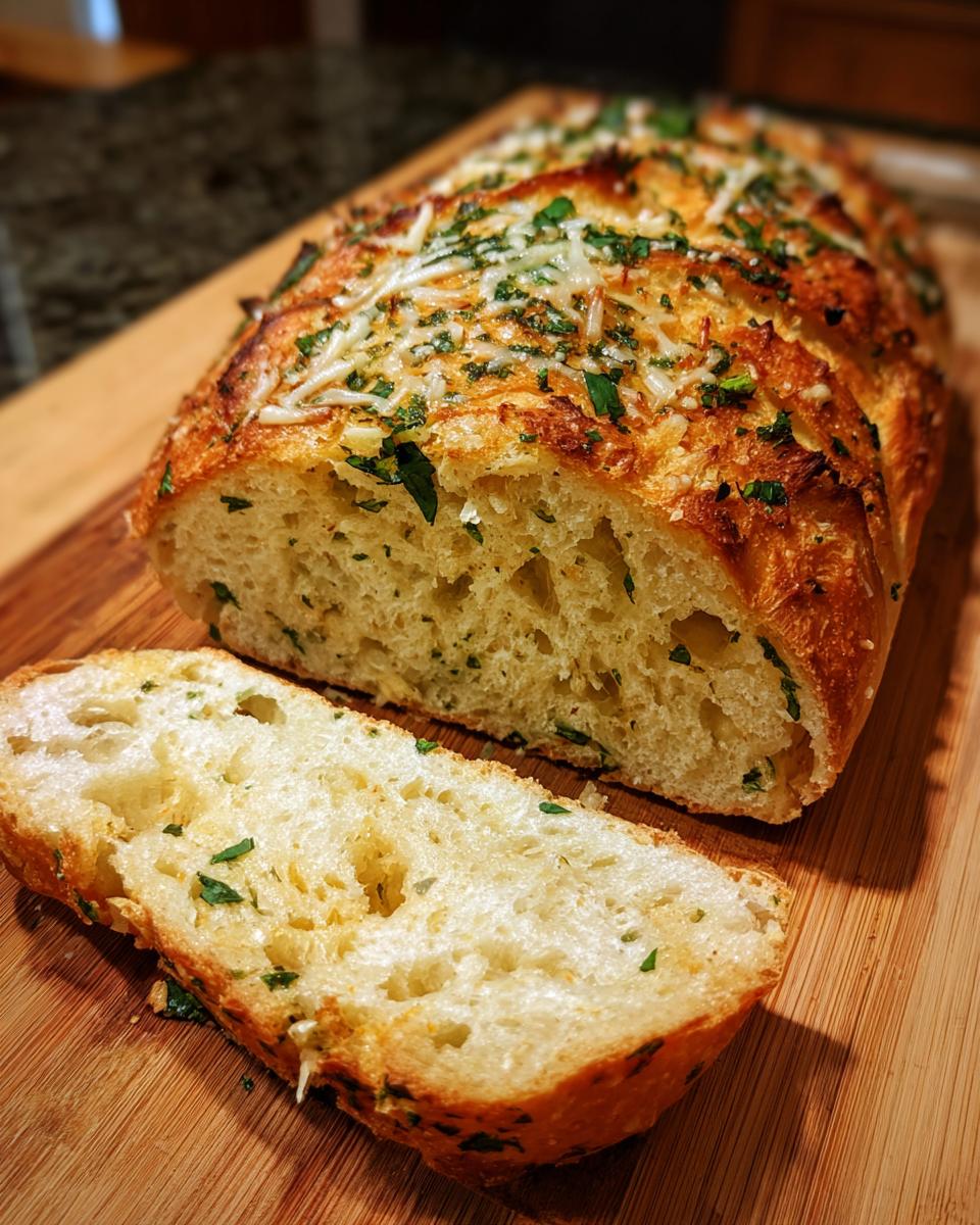 A loaf of crusty garlic cheese bread, topped with melted cheese and parsley, with one thick slice cut and resting beside it.