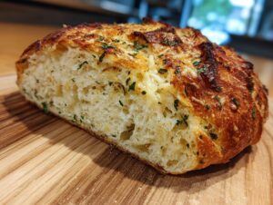 Close-up of a cross-section of crusty bread topped with melted cheese and parsley, showcasing the airy crumb structure.
