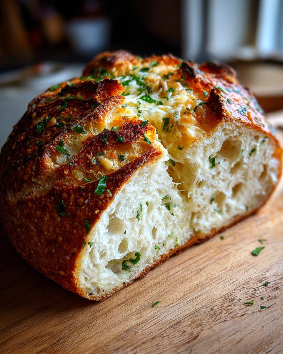 A loaf of crusty, freshly baked bread sliced open, revealing a soft interior topped with melted cheese and fresh parsley.