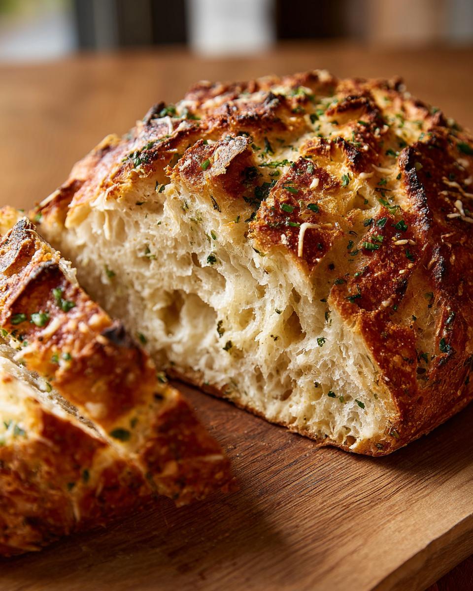 Close-up of a freshly baked, crusty loaf of bread sliced open, showing the airy interior and herb topping.