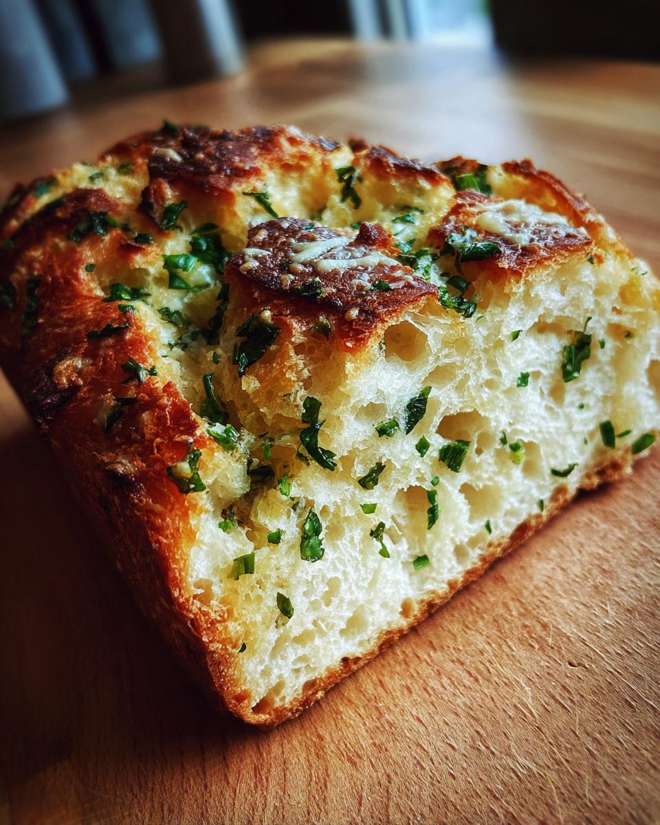 Close-up of a slice of crusty, homemade bread topped with melted cheese and fresh green herbs.