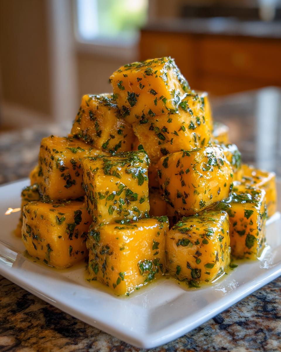 A stack of bright orange cubes of marinated cheese coated heavily in green herbs and oil.