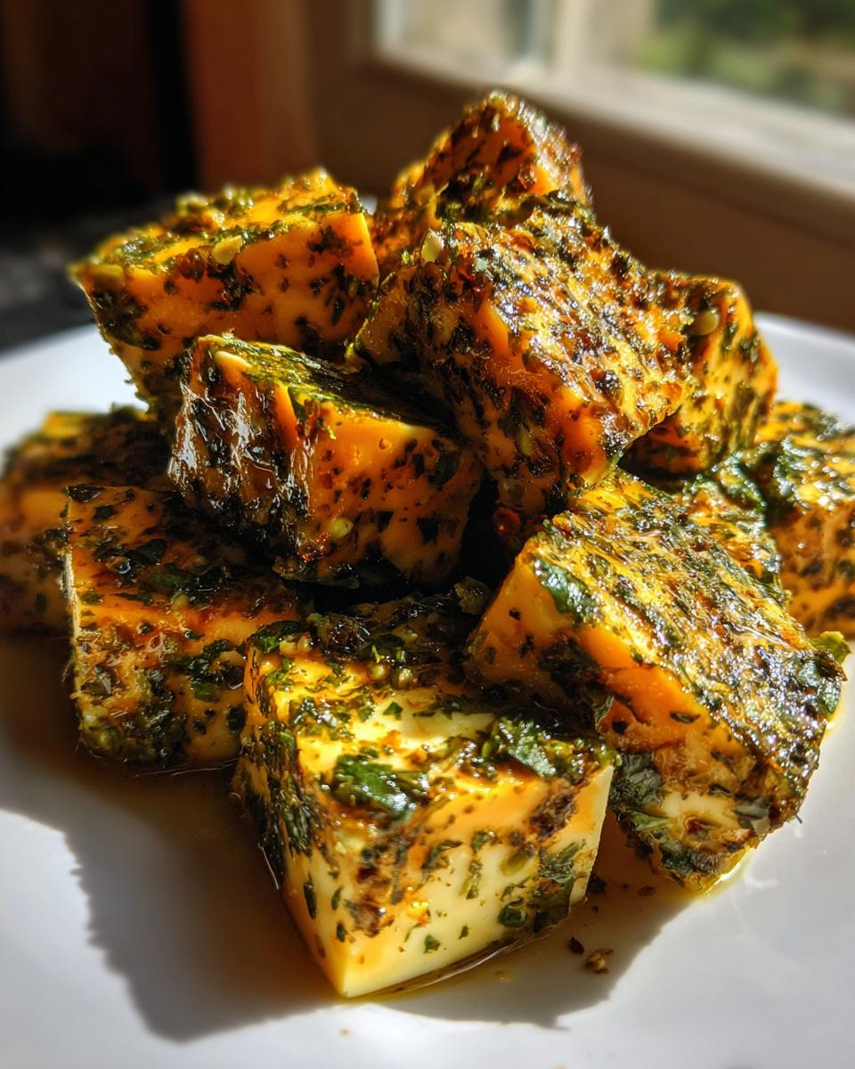 Close-up of golden cubes of marinated cheese heavily coated in green herbs and spices, glistening in the light.