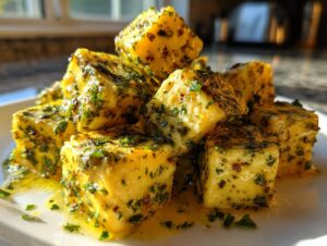 Close-up of bright yellow cubes of marinated cheese coated generously in herbs and oil.
