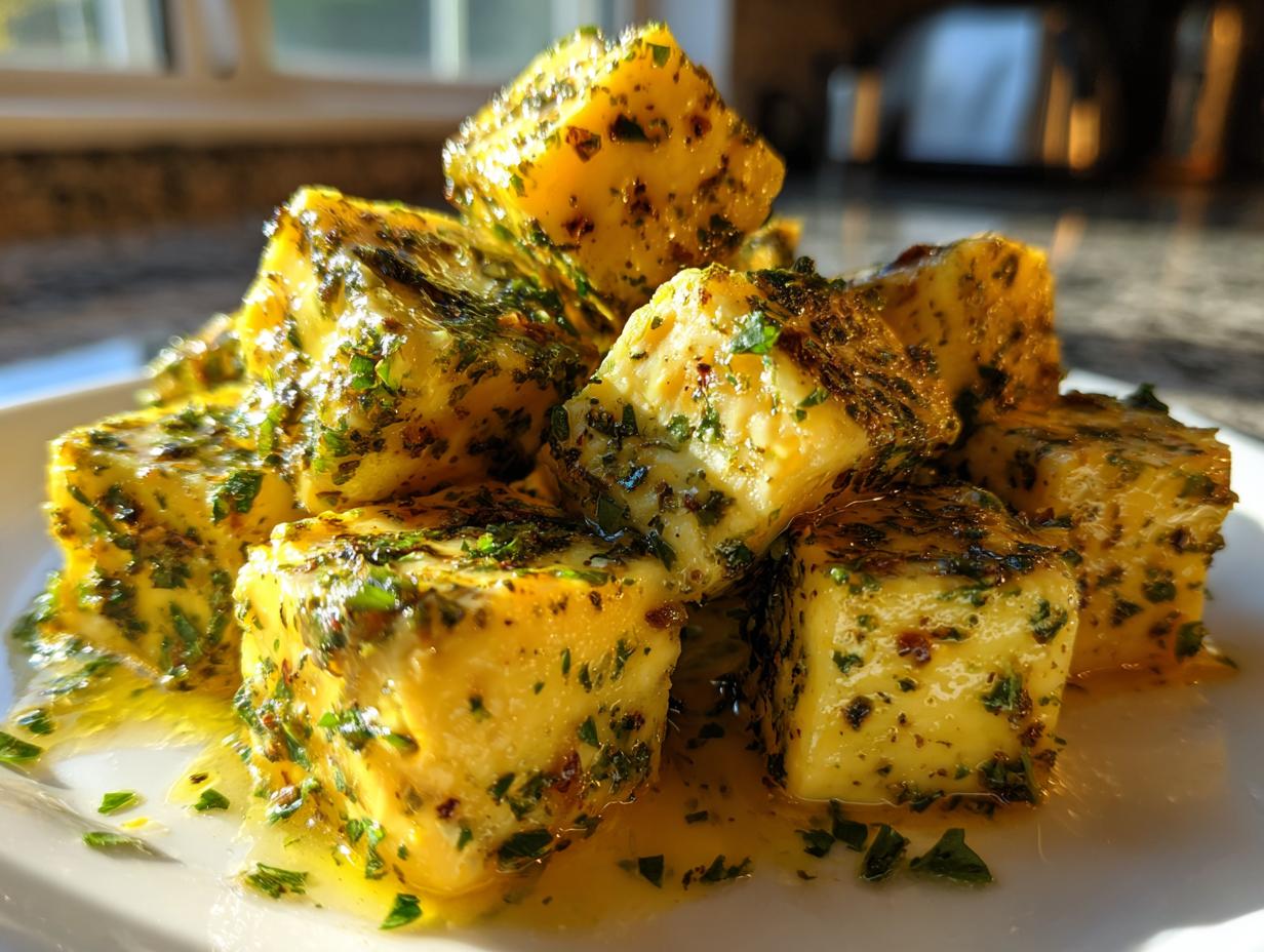 Close-up of bright yellow cubes of marinated cheese coated generously in herbs and oil.
