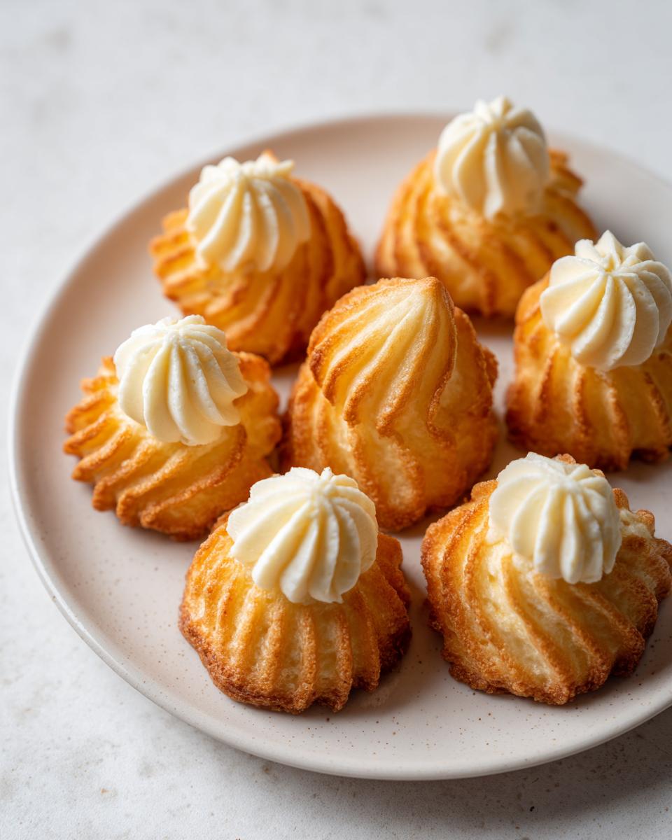 Six piped and baked duchess potatoes, golden brown with ridged sides, topped with a swirl of creamy mashed potato.
