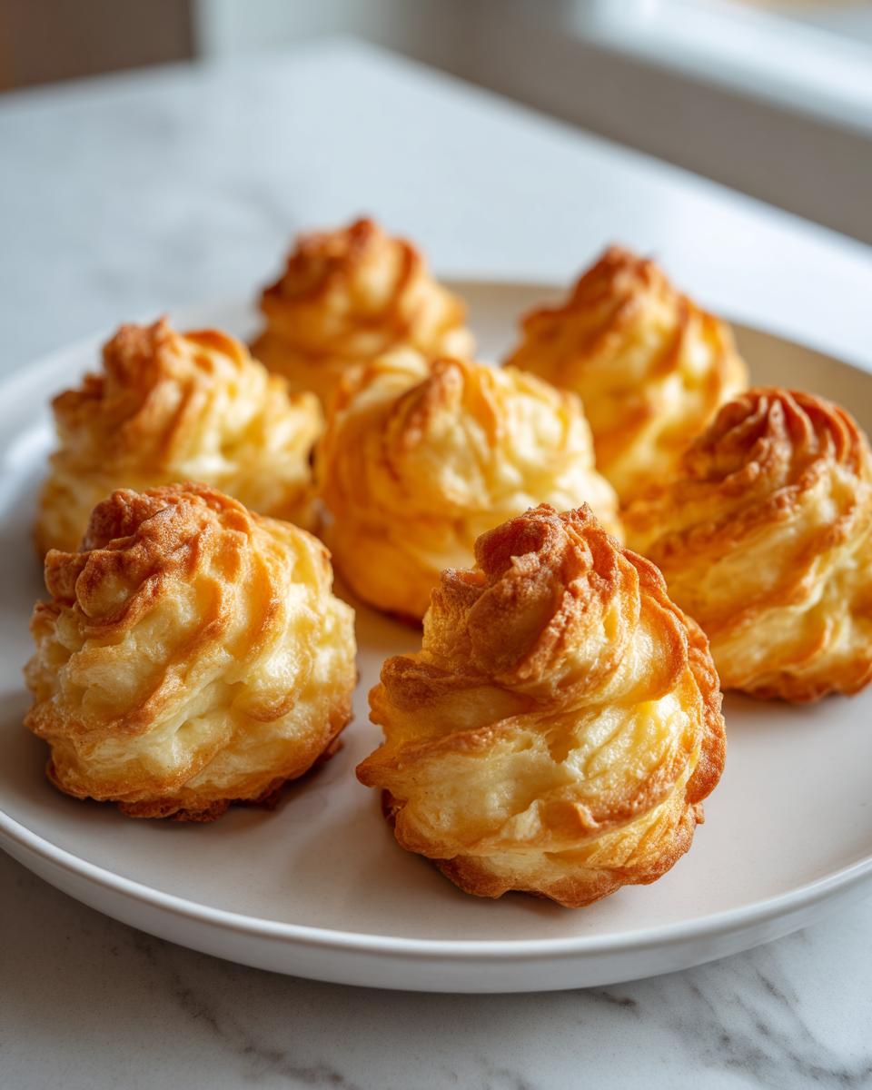 Six perfectly piped and baked duchess potatoes with golden brown peaks served on a light gray plate.