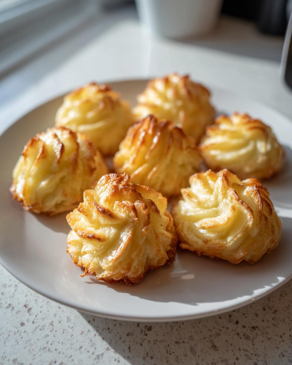 Six perfectly piped and baked Duchess potatoes with golden brown, crispy edges served on a light gray plate.