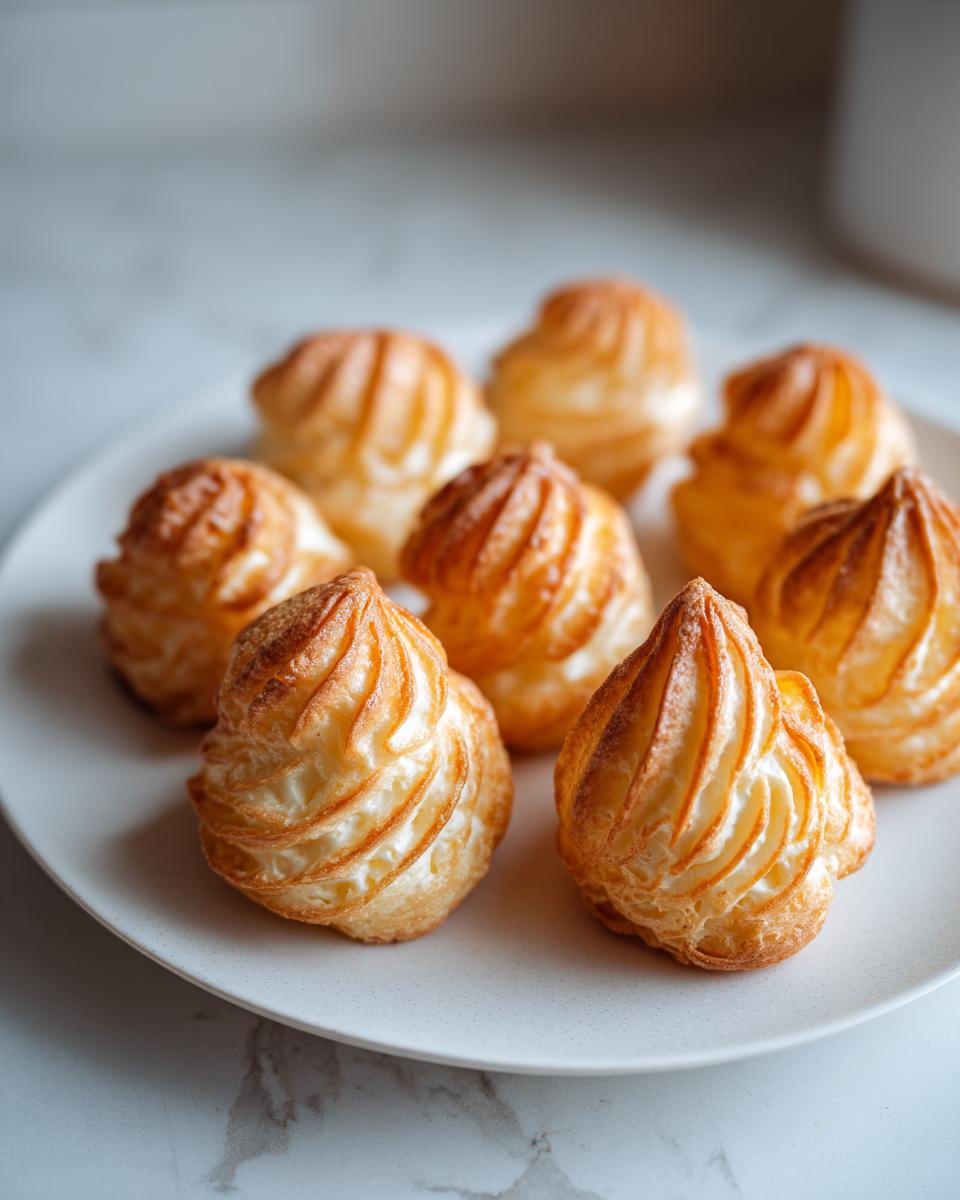 Seven golden brown, piped Duchess potatoes arranged on a light-colored plate, showcasing their ridged texture.