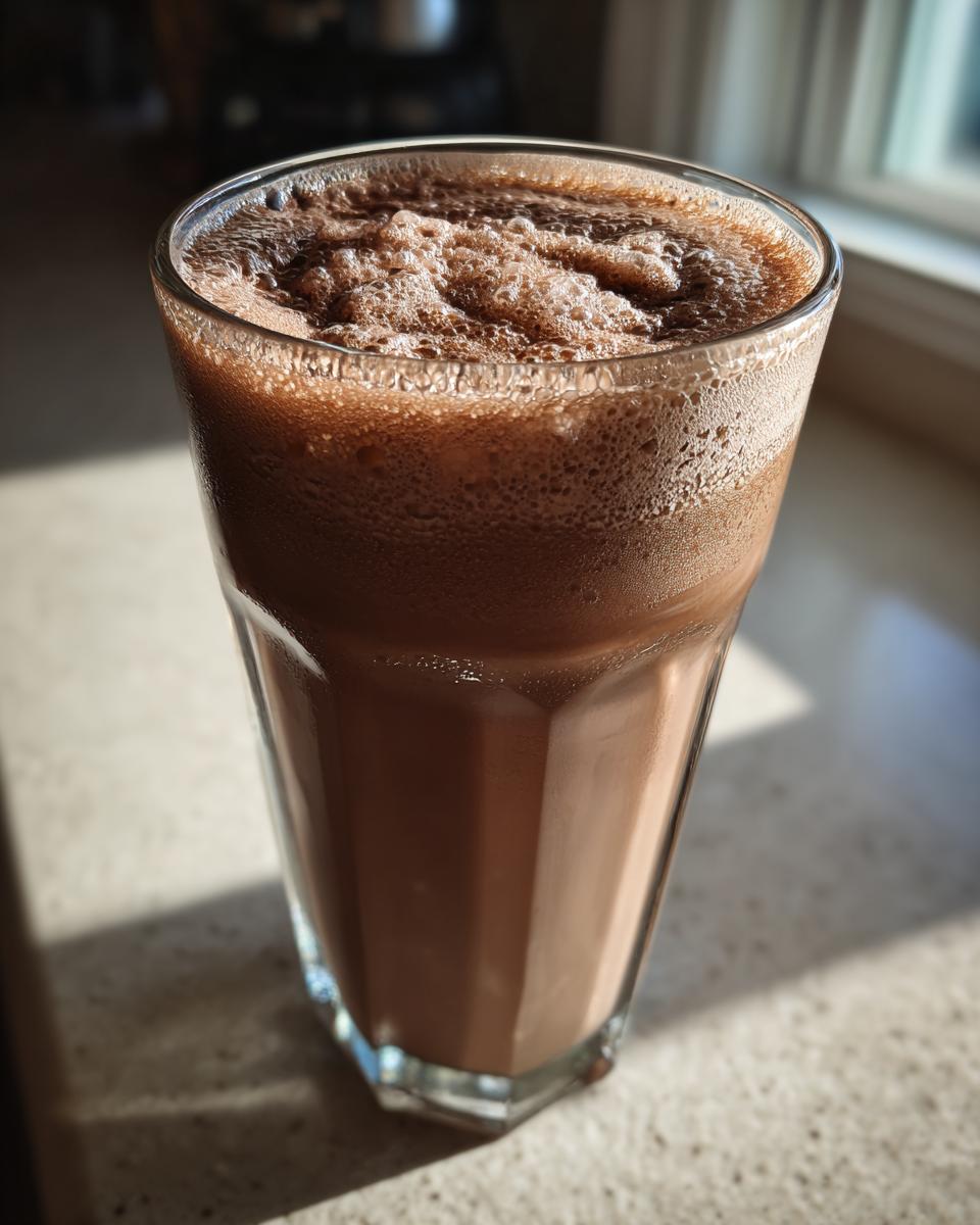 A tall glass filled with blended frozen hot chocolate, showing a frothy chocolate top.