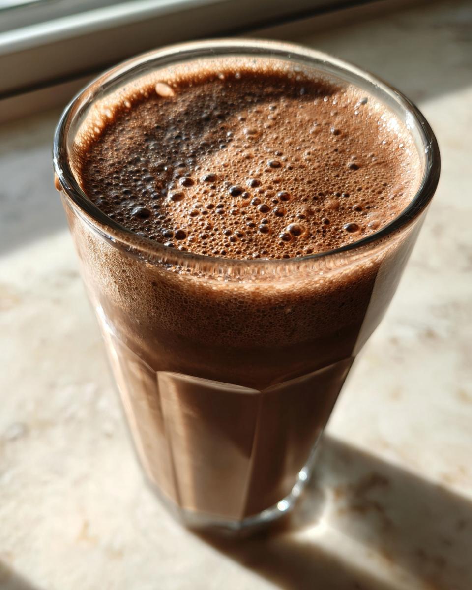 Close-up of a tall glass filled with blended frozen hot chocolate, showing a thick, frothy chocolate top.
