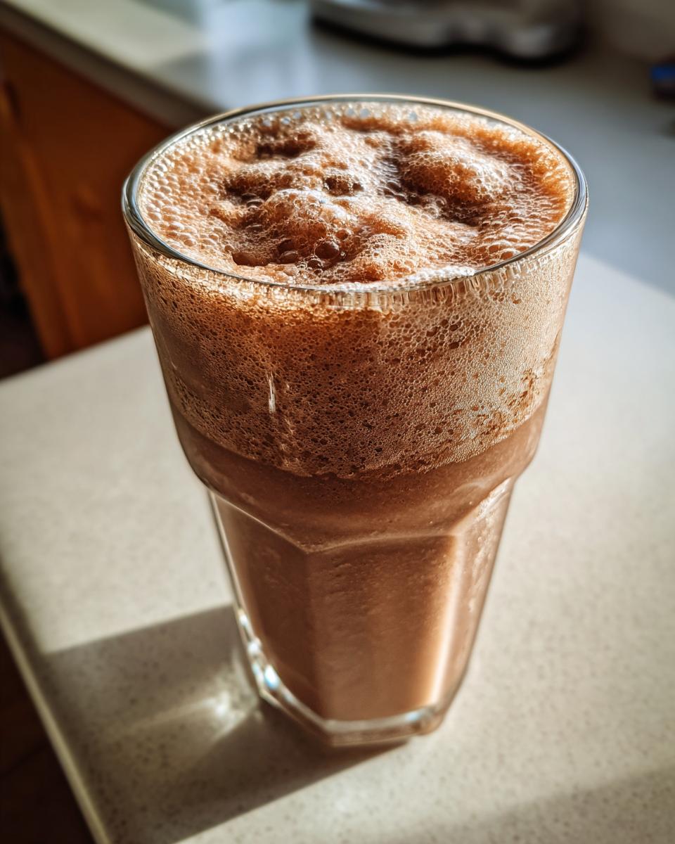 Close-up of a tall glass filled with frothy, blended frozen hot chocolate sitting on a countertop.