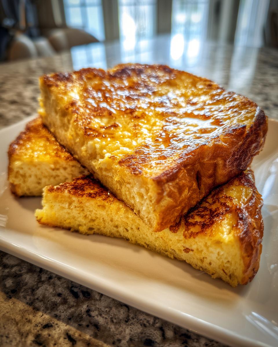 A stack of thick, golden brown slices of easy french toast on a white rectangular plate.