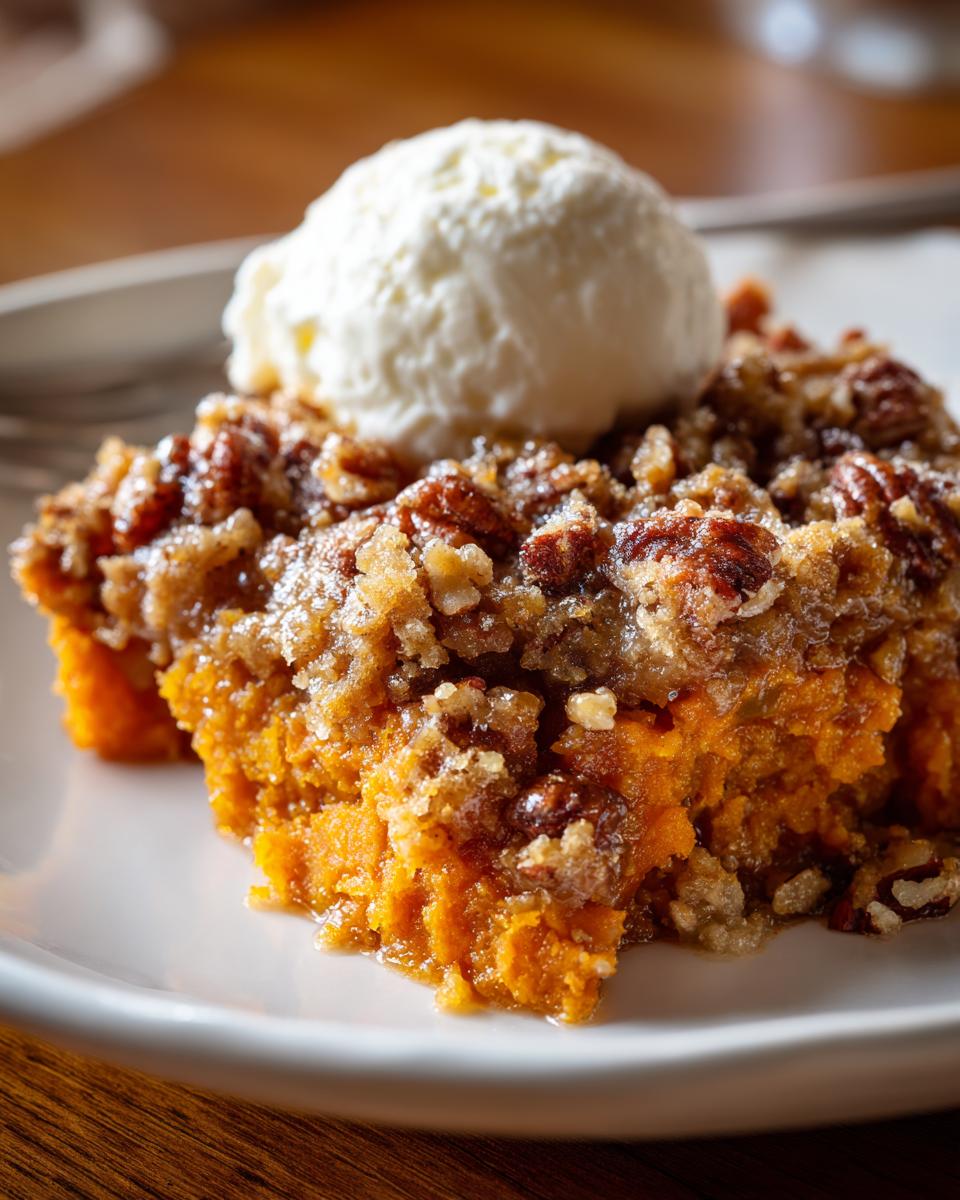 Close-up of a serving of easy sweet potato casserole topped with pecan crumble and a scoop of vanilla ice cream.