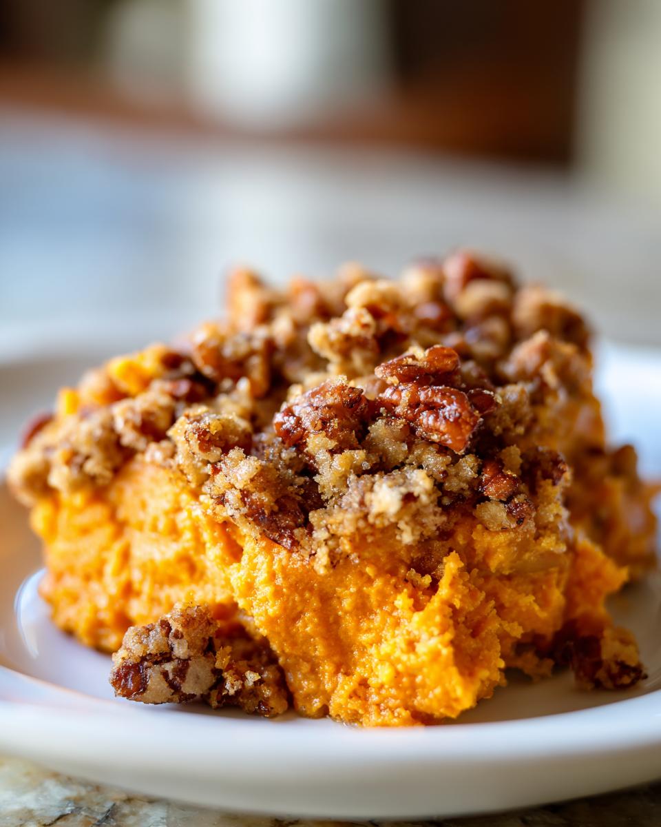 A close-up of a scoop of easy sweet potato casserole with a thick, crunchy pecan streusel topping on a white plate.