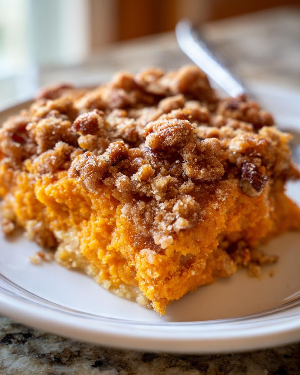 Close-up of a square serving of easy sweet potato casserole topped with a thick, sugary pecan crumble.