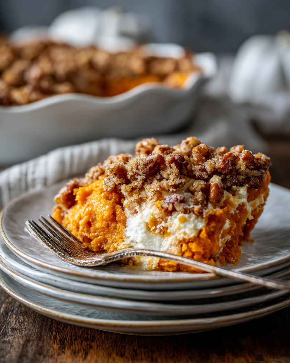 A serving of easy sweet potato casserole with a creamy layer and crunchy pecan streusel topping on a stack of plates.