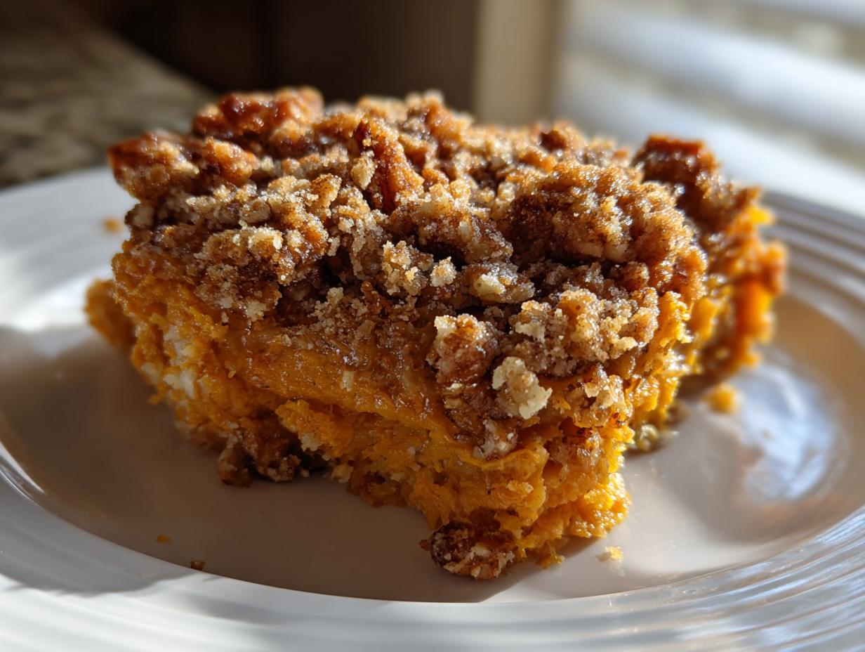Close-up of a serving of easy sweet potato casserole featuring a rich orange base and a thick, crunchy pecan streusel topping.