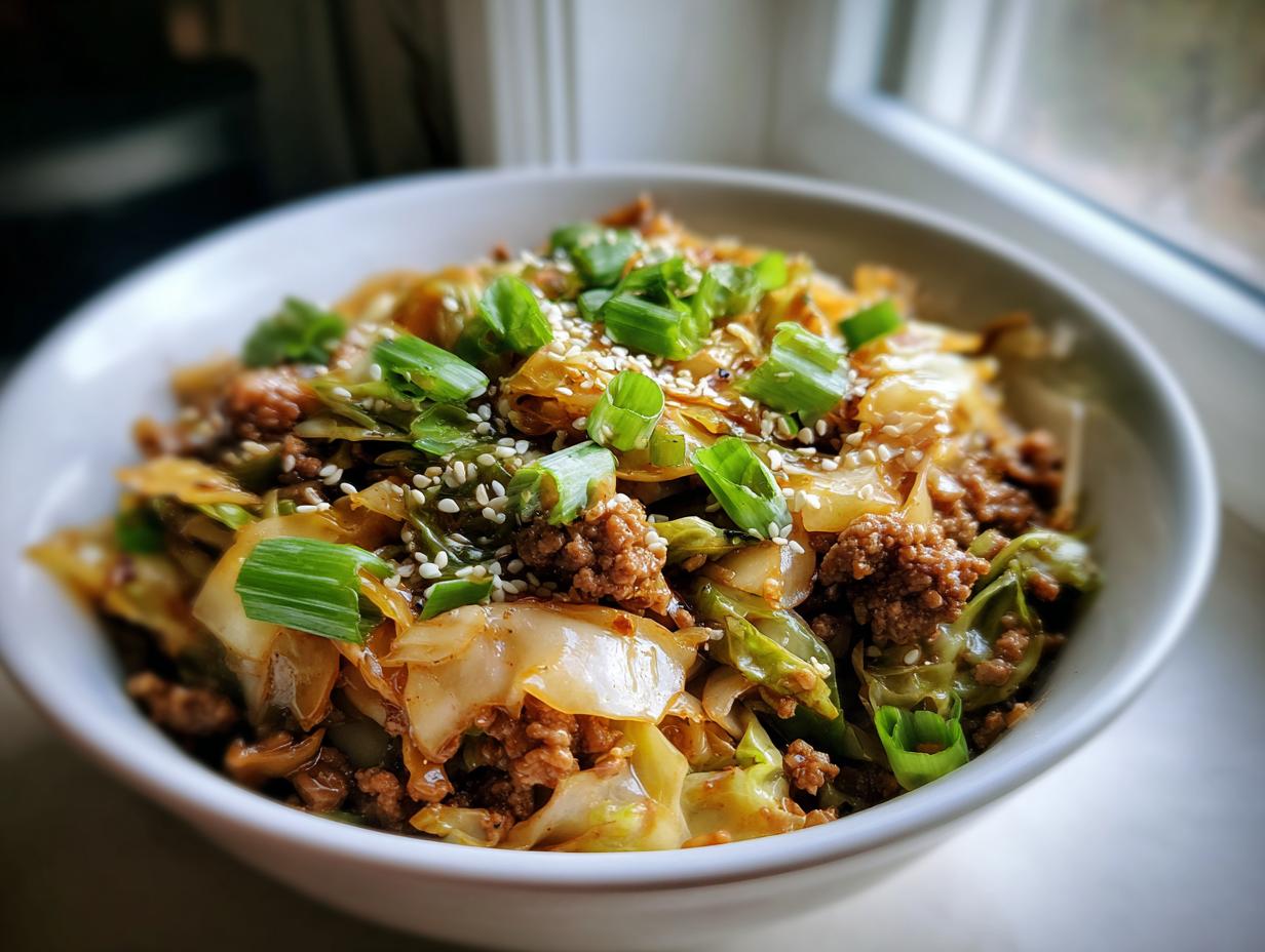 A close-up of a white bowl filled with savory egg roll in a bowl mixture, topped with green onions and sesame seeds.