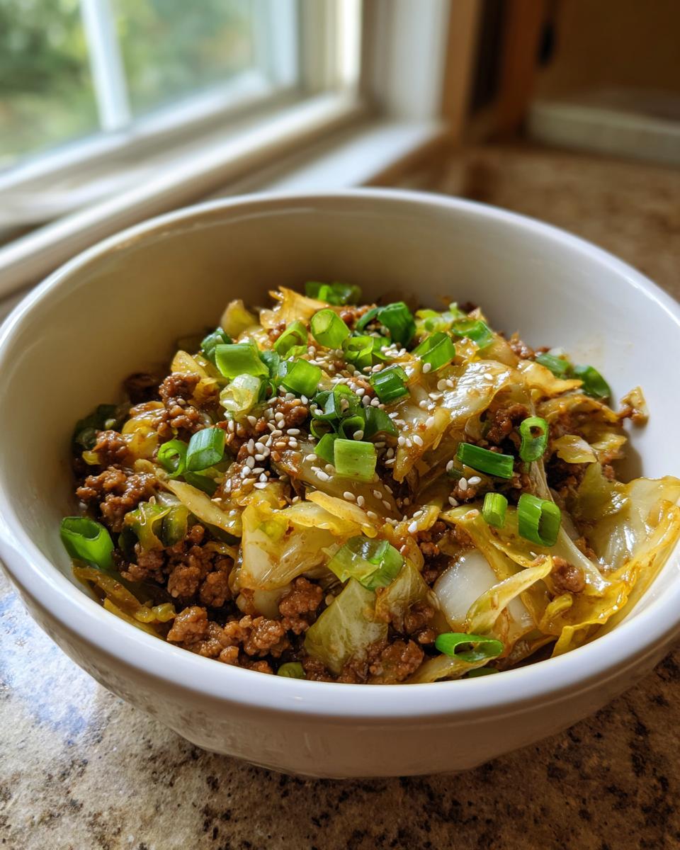 Close-up of a white bowl filled with savory egg roll in a bowl mixture, topped with green onions and sesame seeds.