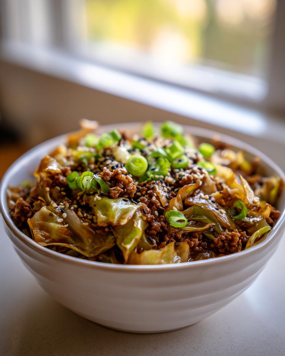 Close-up of a white bowl filled with savory egg roll in a bowl mixture, topped with green onions and sesame seeds.