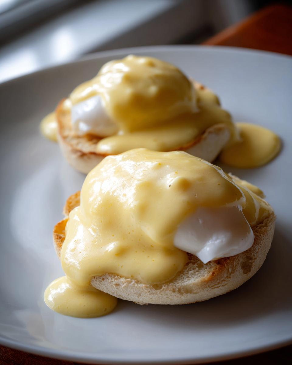 Two Eggs Benedict topped generously with rich, yellow hollandaise sauce served on toasted English muffins.