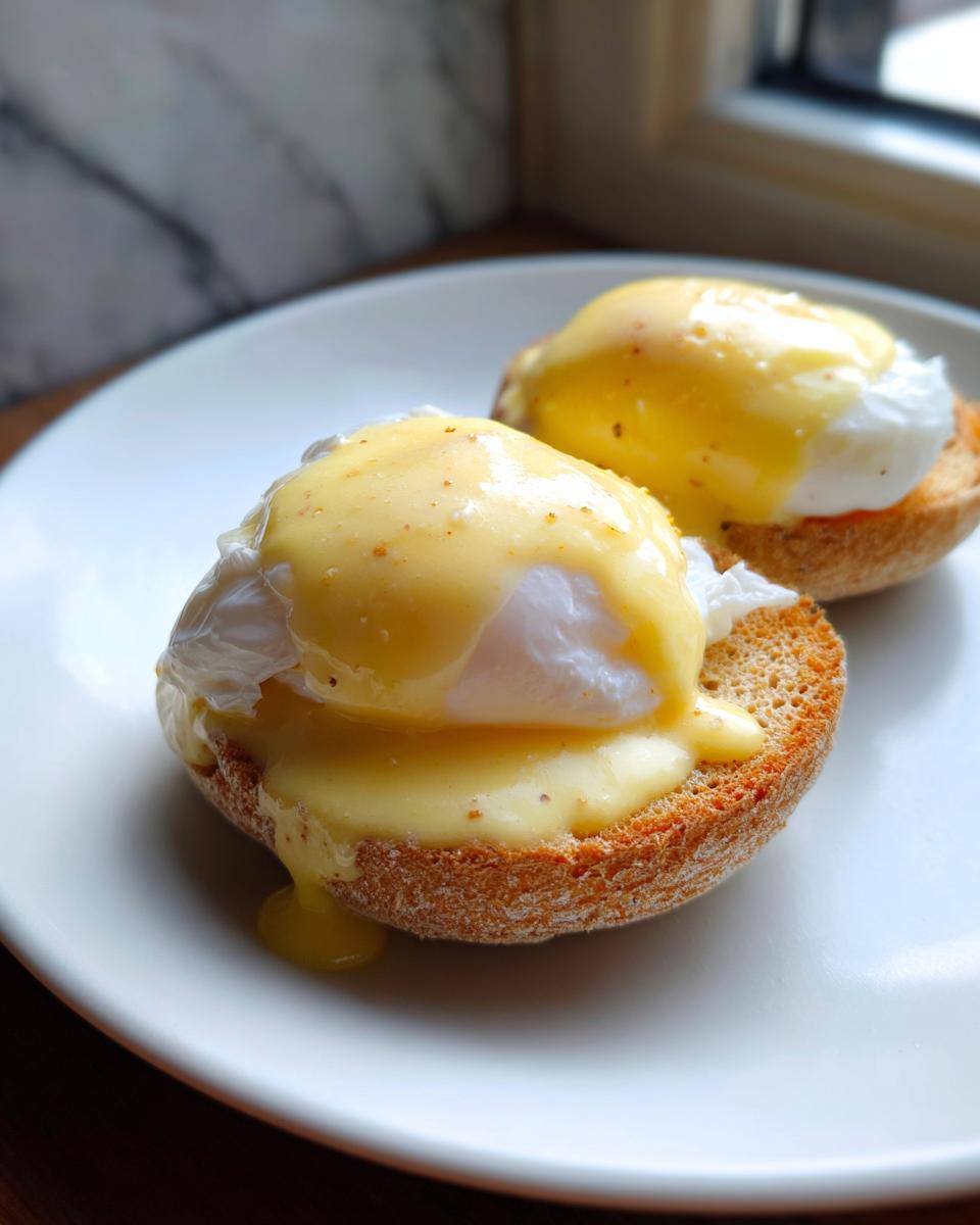Two Eggs Benedict halves topped generously with rich, yellow hollandaise sauce on a white plate.