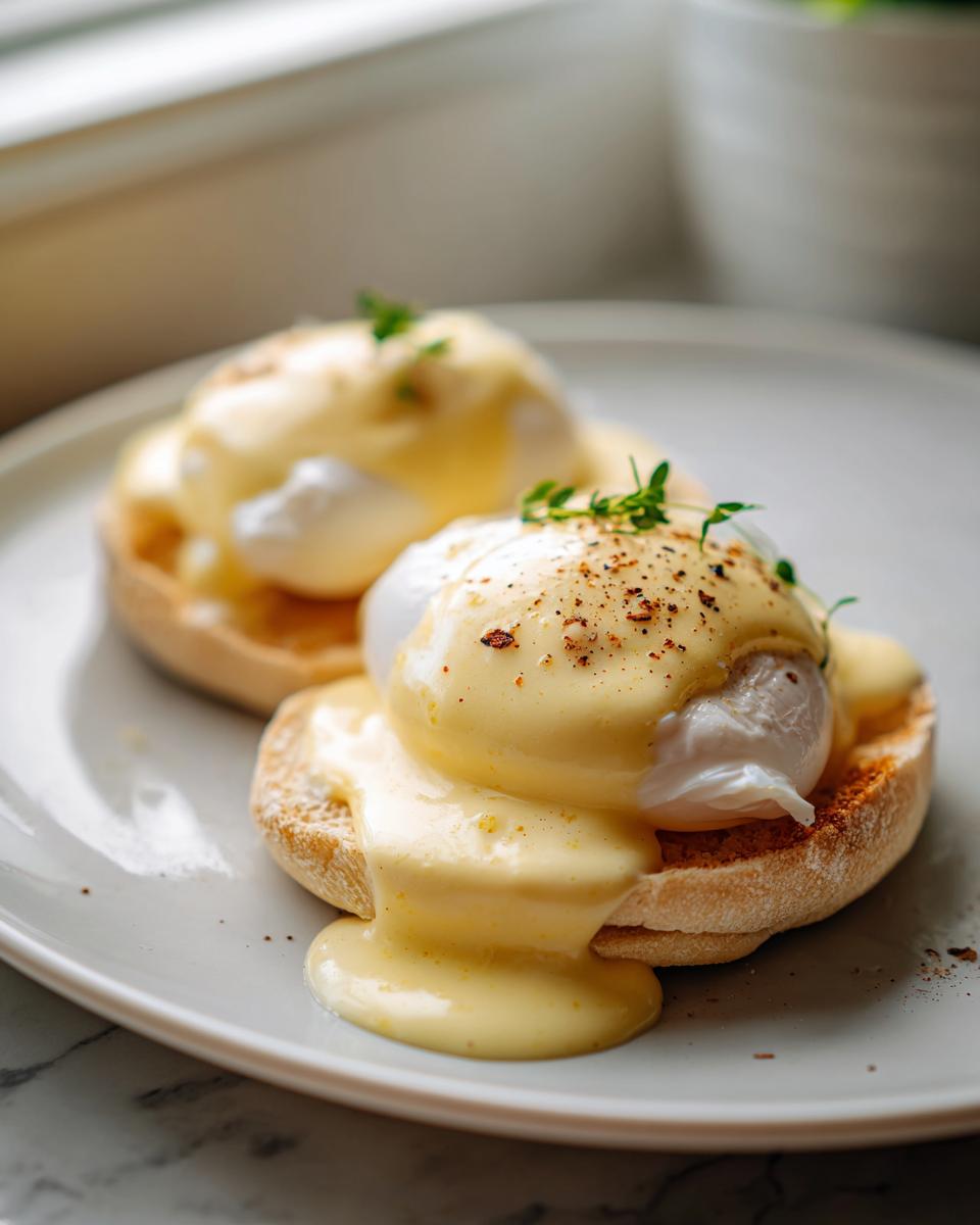 Two Eggs Benedict served on English muffins, generously topped with rich hollandaise sauce and cracked pepper.