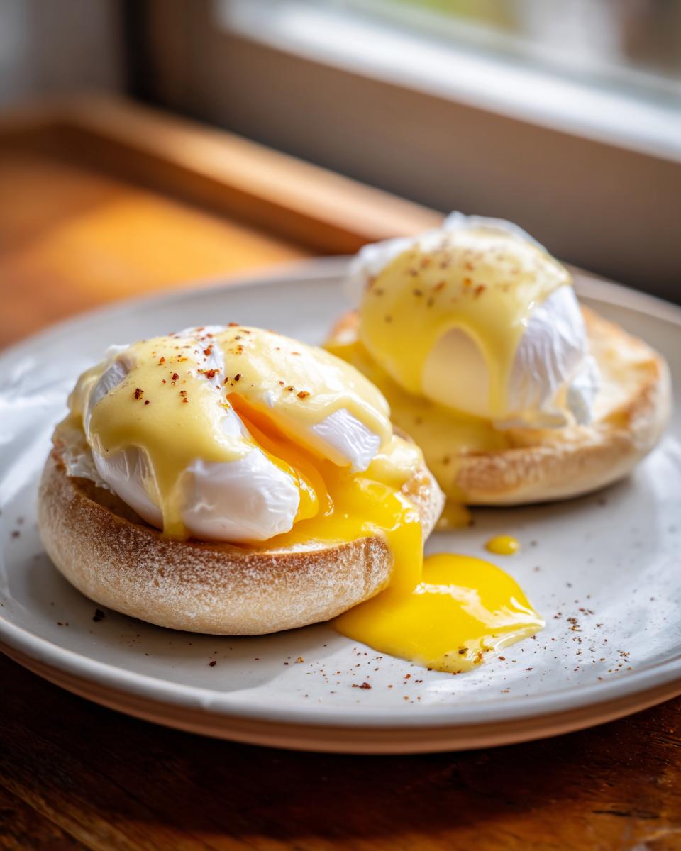Two Eggs Benedict served on English muffins, generously topped with bright yellow hollandaise sauce and sprinkled with paprika.