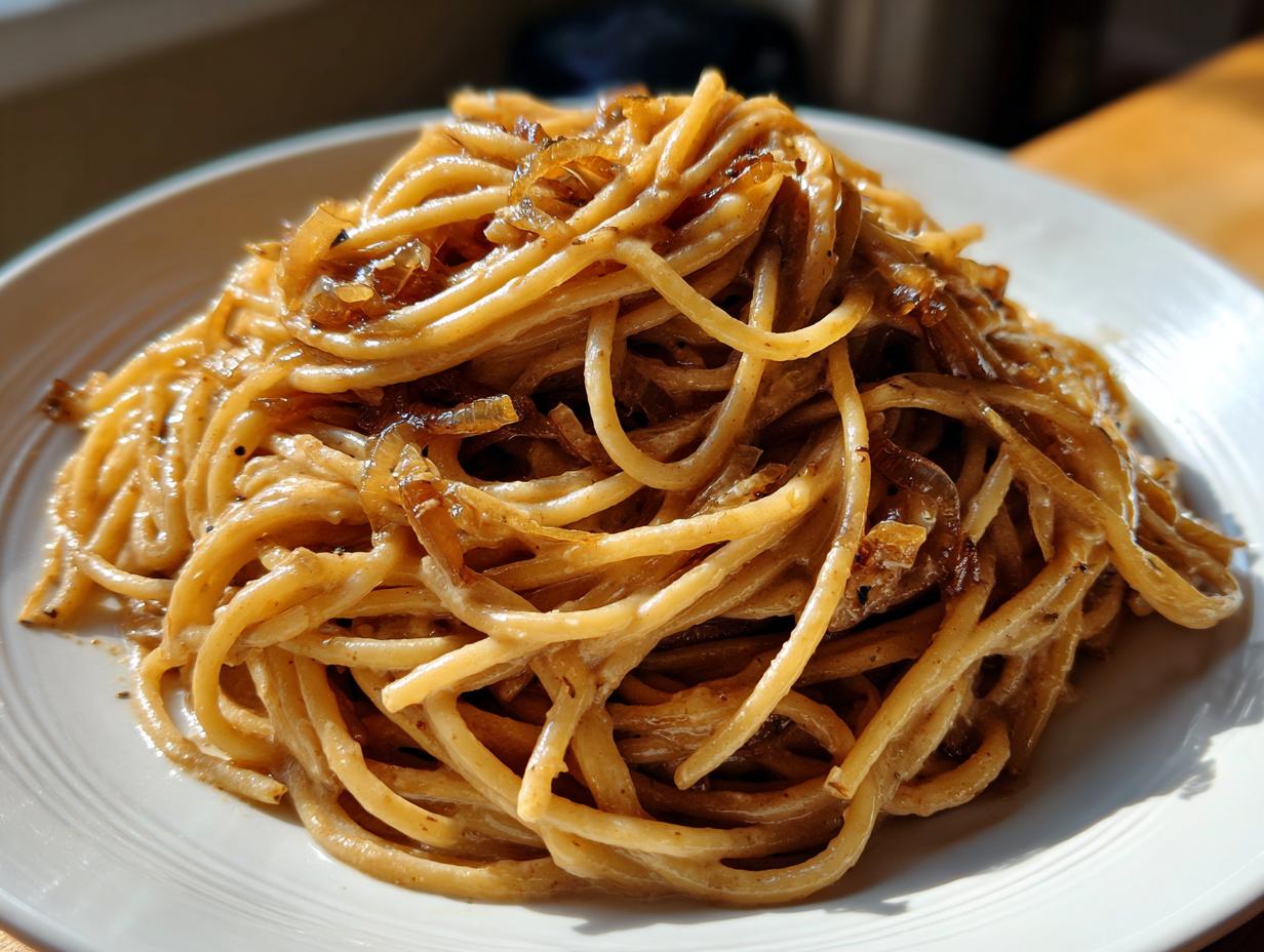 A close-up of a mound of spaghetti coated in a creamy sauce and topped with rich caramelized onion pasta.
