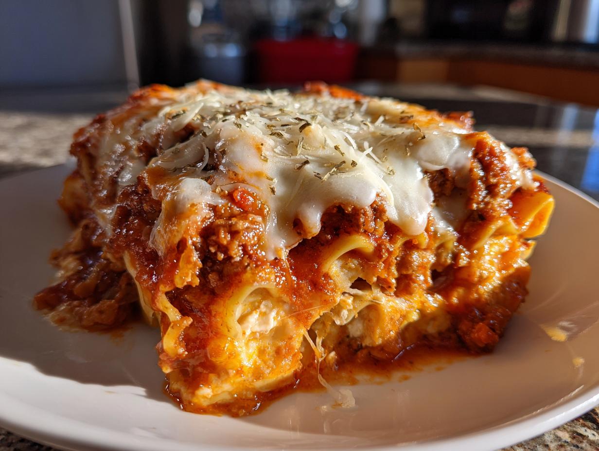 A close-up of a hearty slice of lazy lasagna covered in rich meat sauce and melted mozzarella cheese.