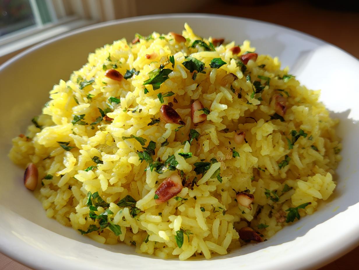 A close-up of fluffy, yellow mediterranean rice garnished with chopped parsley and toasted pine nuts in a white bowl.