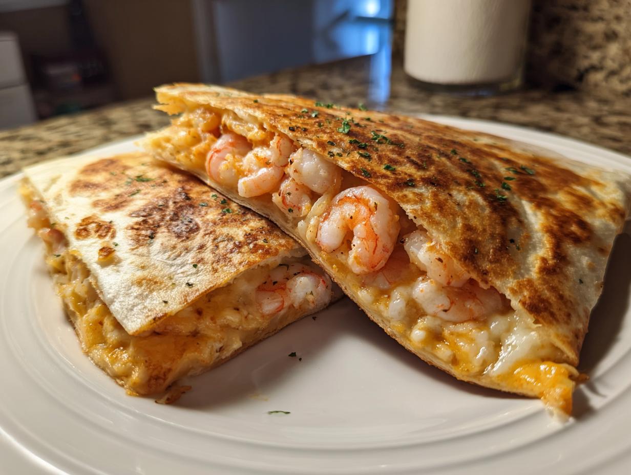 Two halves of a perfectly grilled shrimp quesadilla overflowing with melted cheese and pink shrimp.
