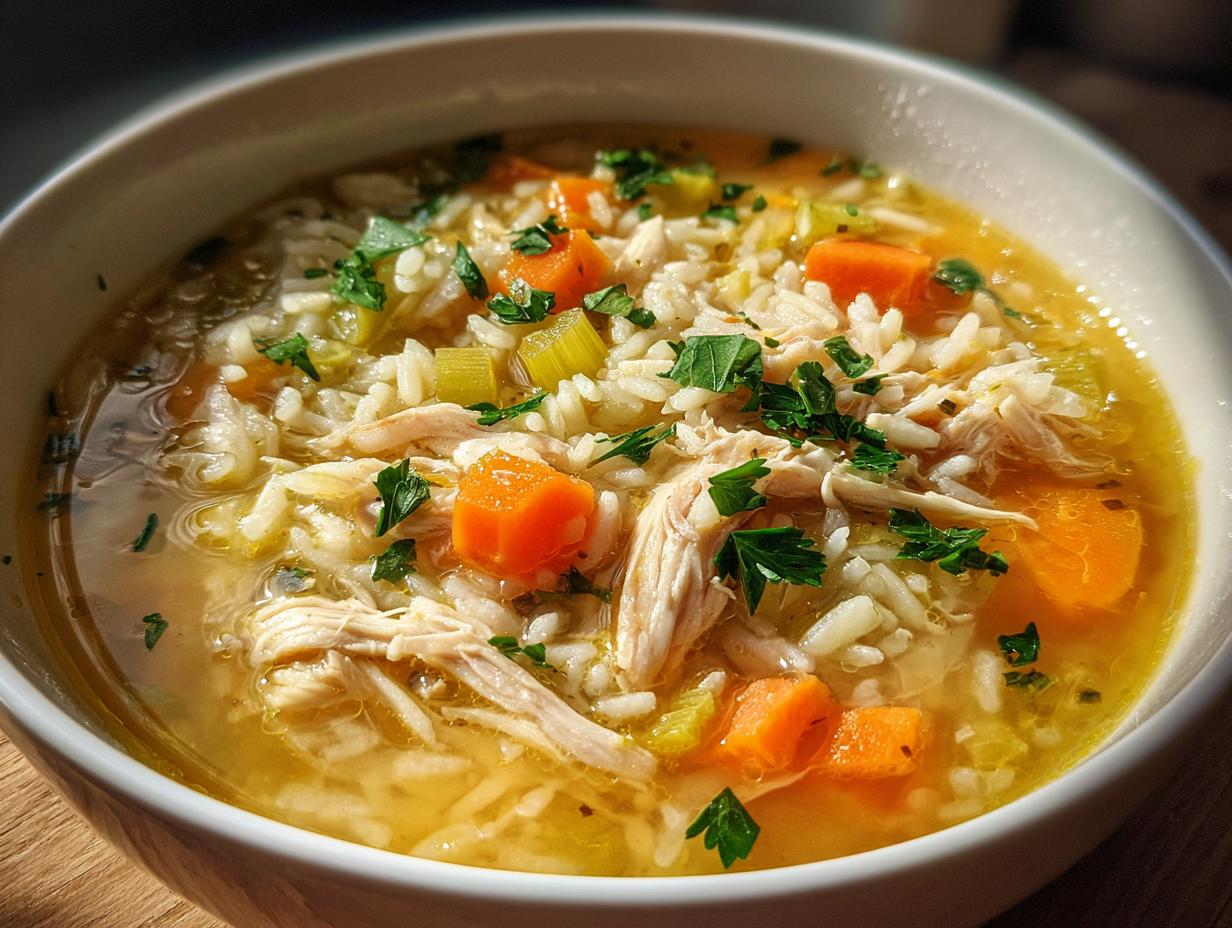 Close-up of a bowl of amazing 1-pot turkey soup featuring shredded turkey, rice, carrots, celery, and fresh parsley garnish.