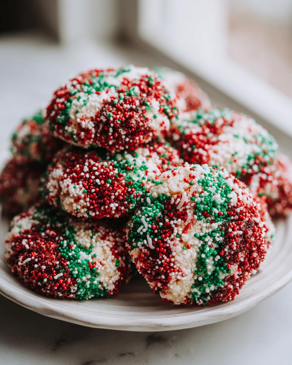 A stack of vibrant christmas sprinkle cookies covered in red, green, and white nonpareils on a white plate.