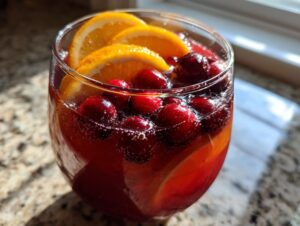 A glass filled with vibrant red thanksgiving punch, garnished with fresh cranberries and orange slices.