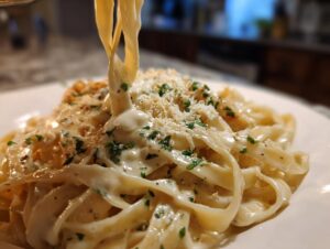 Close-up of fettuccine noodles being lifted, coated in rich olive garden alfredo sauce and topped with Parmesan.