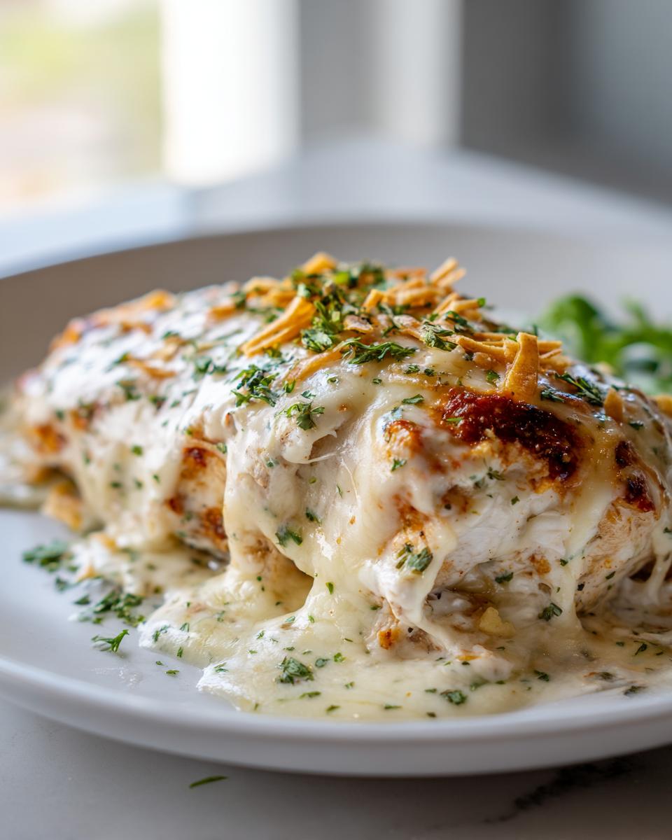 Close-up of Fiesta Lime Chicken breast smothered in melted white cheese sauce and topped with herbs.