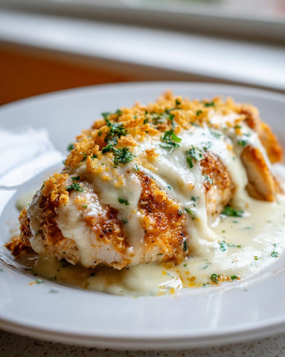 Close-up of Fiesta Lime Chicken breast covered in creamy sauce, crunchy topping, and parsley.