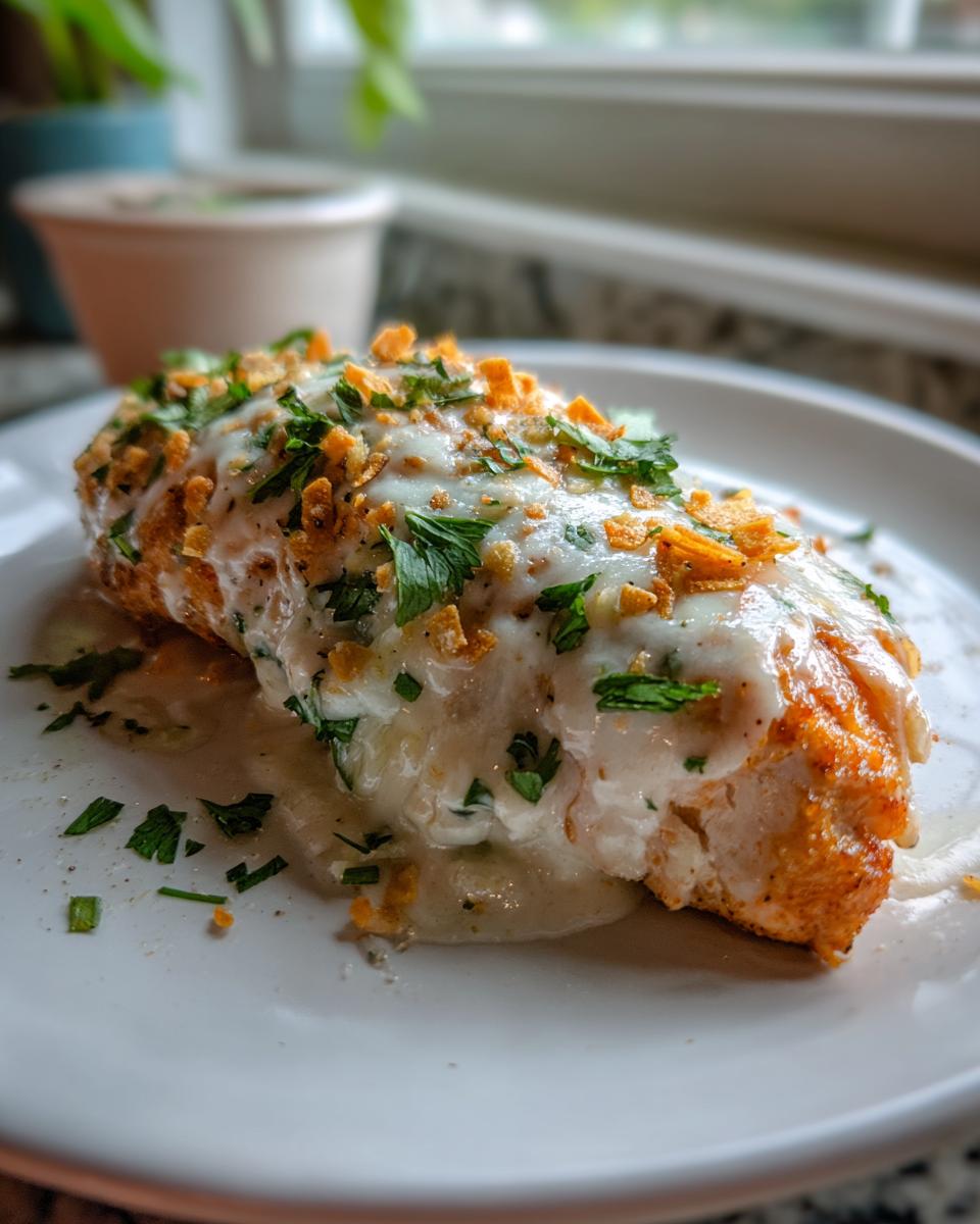 A close-up of a piece of Fiesta Lime Chicken smothered in a creamy white sauce, topped with crushed orange chips and fresh parsley.